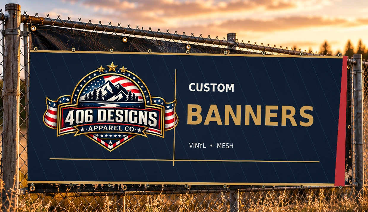 406 Designs & Apparel Co. custom printed outdoor banner mockup featuring official company logo in navy, red, gold and white